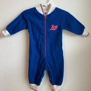 Blue corduroy Train Embroidered Kids One Piece. Vintage Sears baby, 6-9m